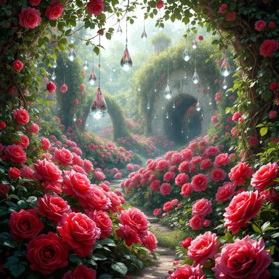 Primary subject: A beautiful garden with a path surrounded by red roses.

Setting/background: The garden is filled with red roses, creating a vibrant and lush atmosphere.

Visual style: The image is a digital artwork, showcasing the intricate details of the roses and the path.

Colors and mood: The dominant colors are red, which creates a warm and romantic mood. The garden is filled with life and beauty, making it an inviting and serene space